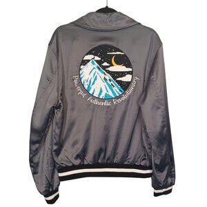 WEIV Embroidered Satin Bomber Jacket Gray Mountain Graphic Back Long Sleeve Men